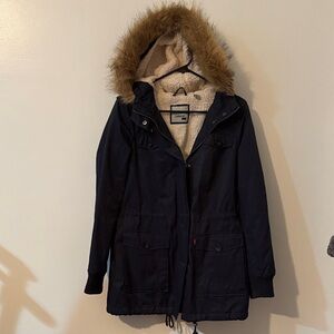 Women's Black Parka Coat with Faux Fur Hood